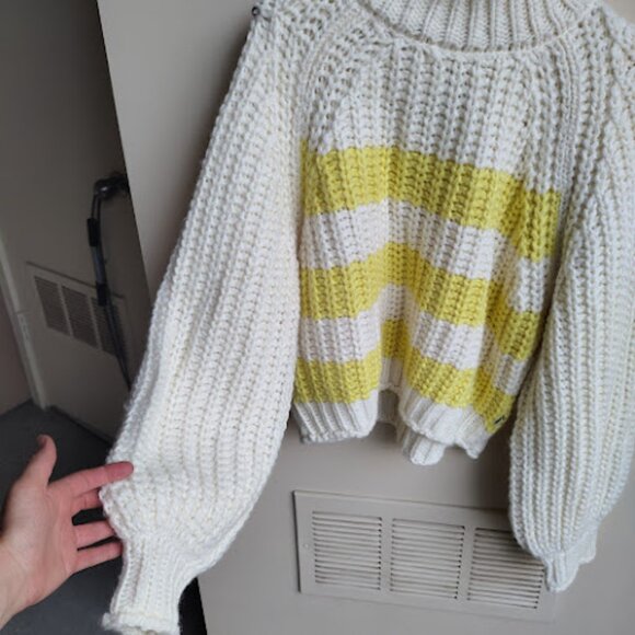 WRANGLER | Butter Yellow White Chunky Wool Alpaca Blend Striped Knit Sweater XL - Picture 5 of 16